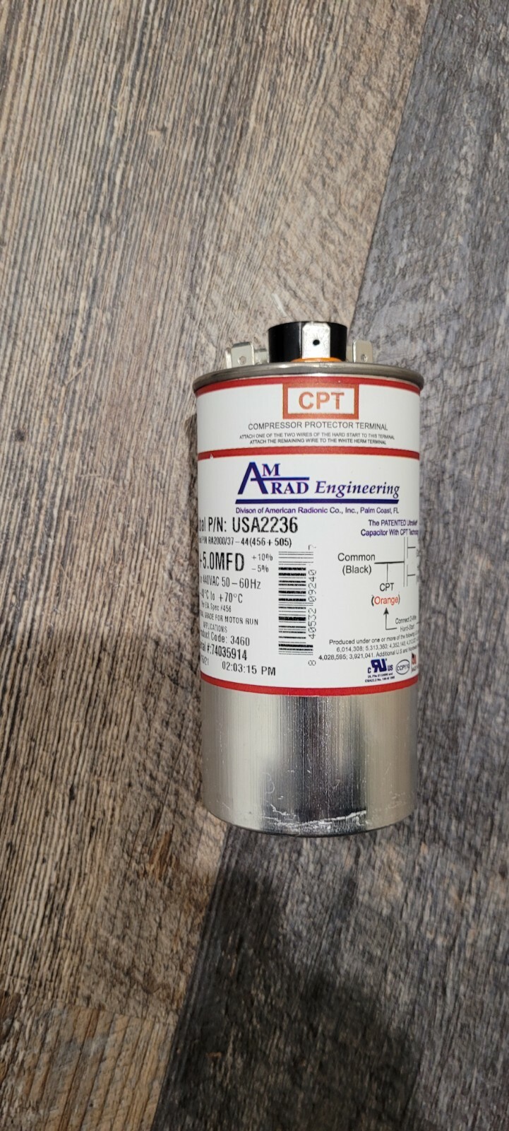 45 + 5 uF MFD x 370 / 440 VAC Motor Run Capacitor AmRad USA2236 – Made in USA