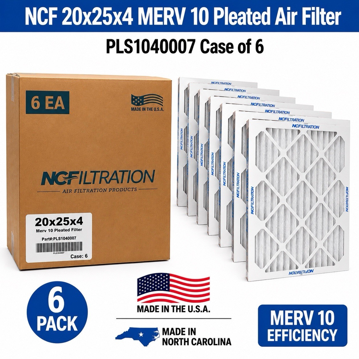 NCF 20x25x4 MERV 10 Pleated Air Filter PLS1040007 Case of 6 New