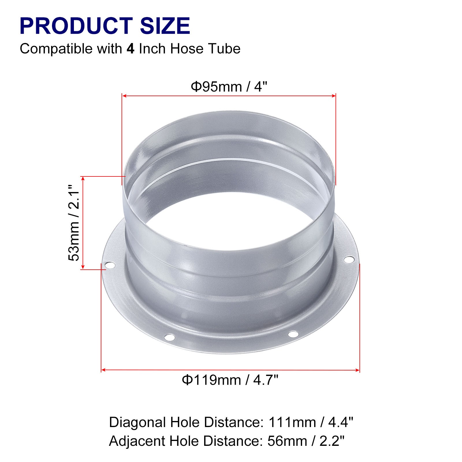 4 PCS 4 Inch Galvanized Iron Duct Connector Flange Grey Metal Straight Pipe