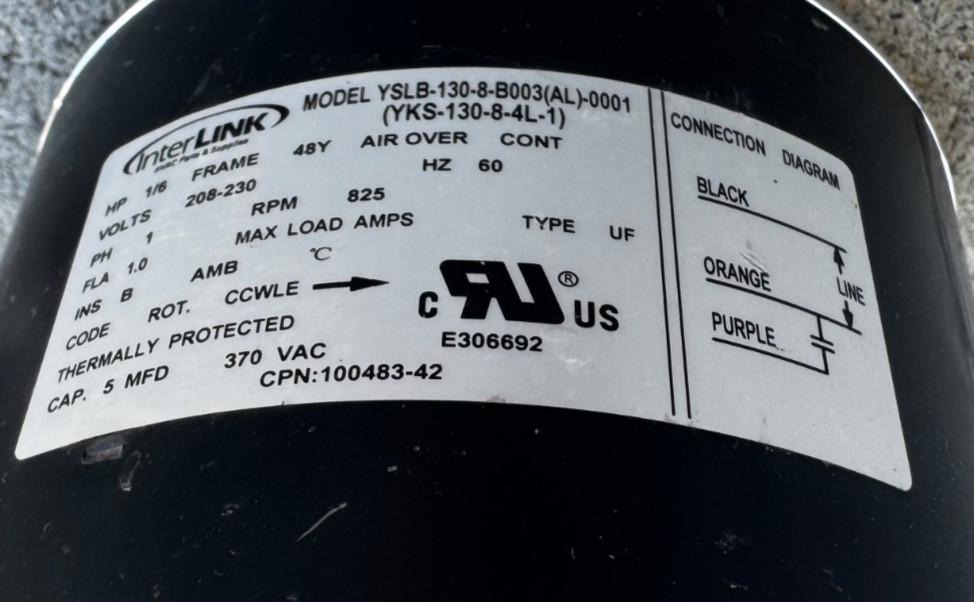 InterLink YSLB-130-8-B003(AL)-0001 Condenser Motor 100483-42 230V used **J16**