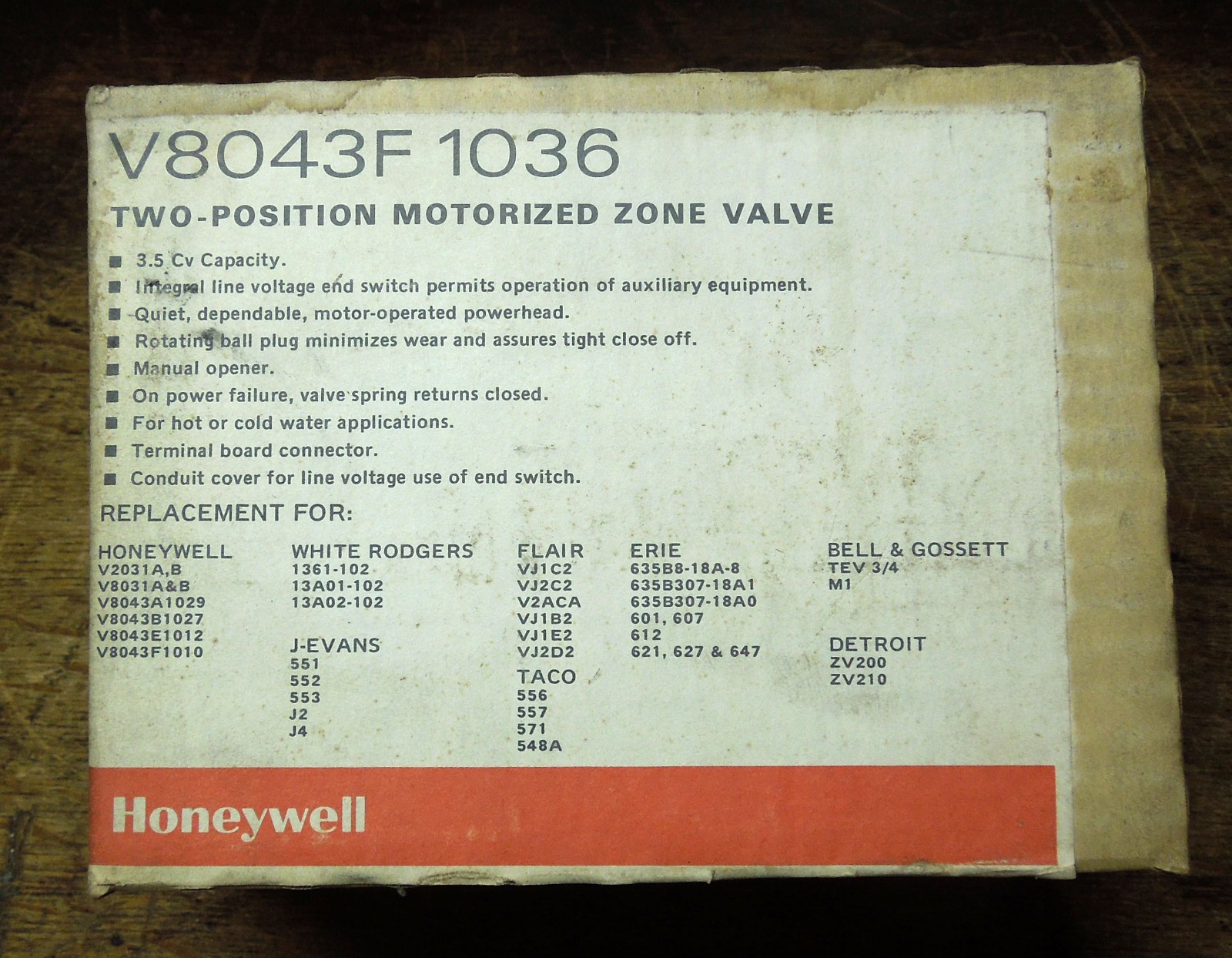 Honeywell Tradeline V8043F 1036 Motorized Zone Valve 24V 50/60Hz 3/4in sweat