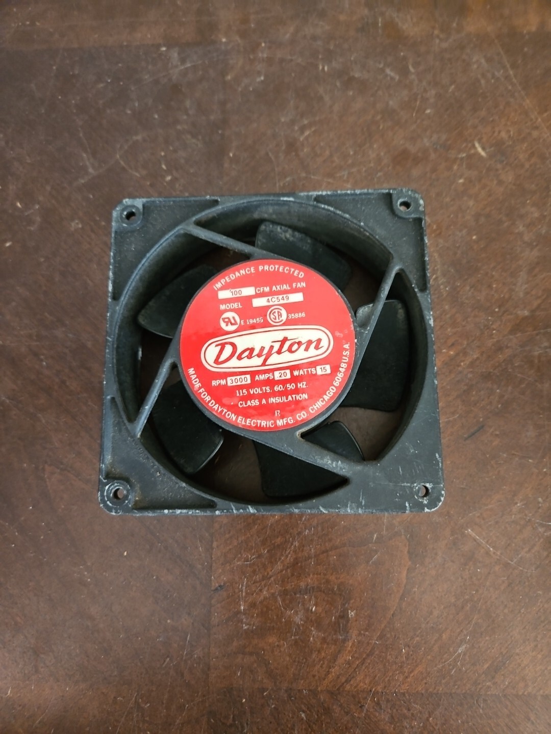 Dayton Axial Fan 4C549 15W .20 Amps 15 Watts 115V 60/50 Hz 3000 RPM USA-Made