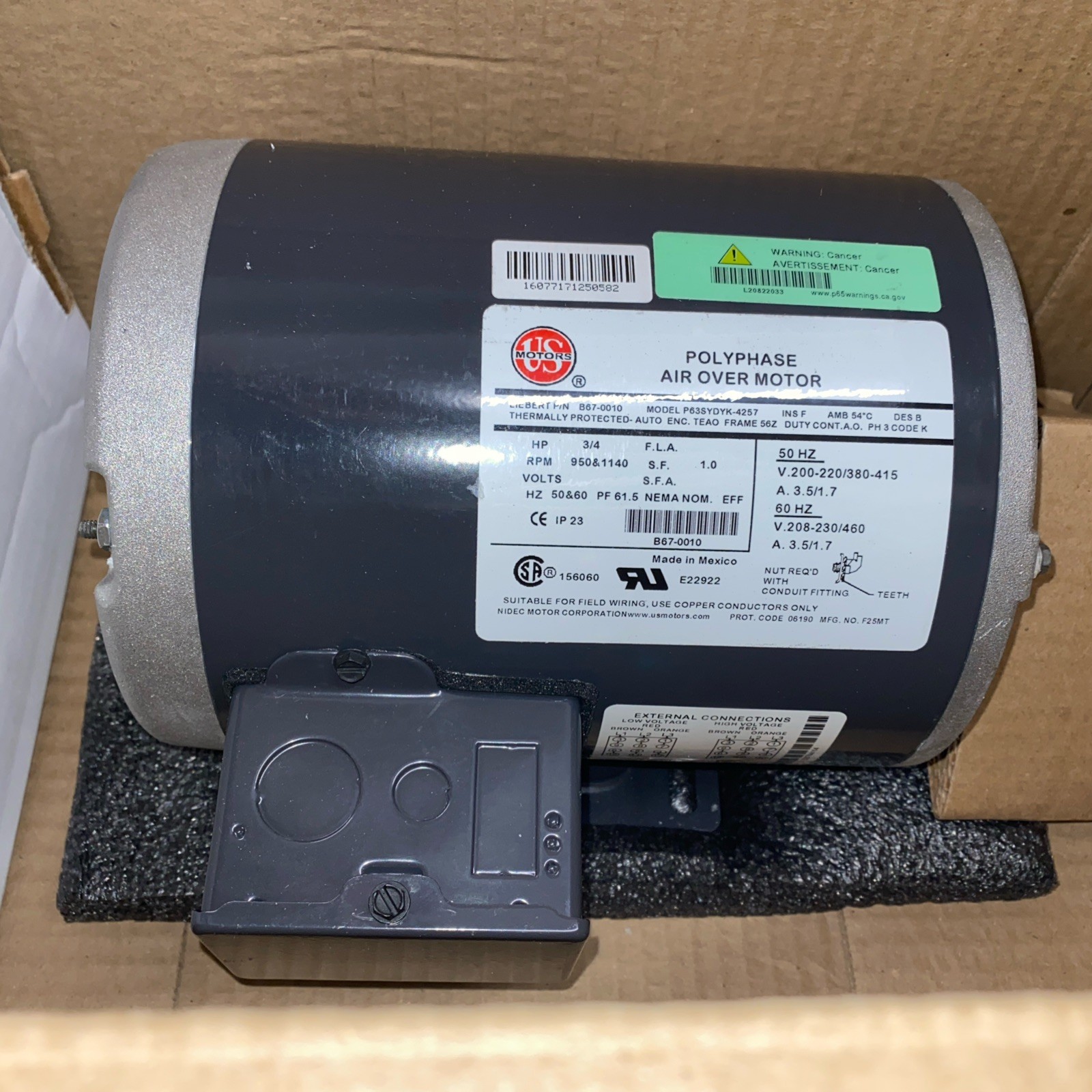 LIEBERT KIT-B670010 Polyphase Air Over Motor 208-230/460V AC, 3/4 hp, 3 Phase