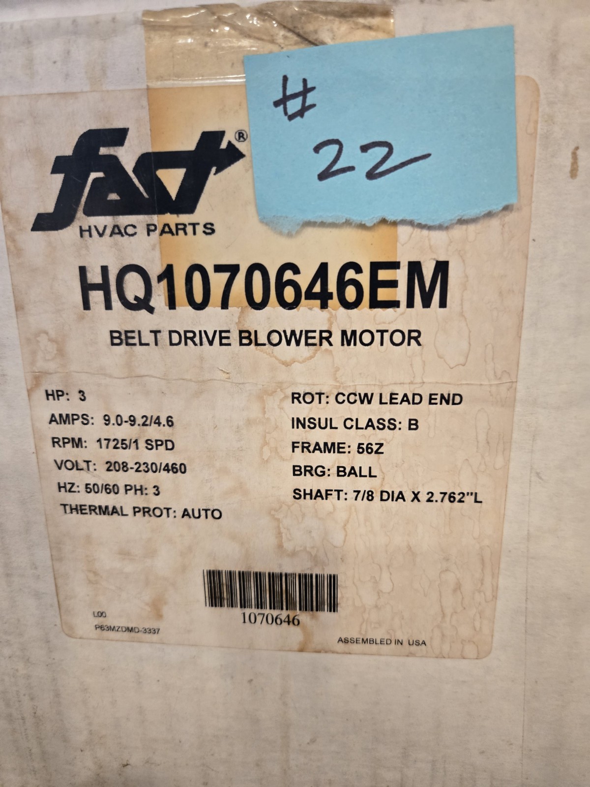 Package Unit , Air Handler ,3hp 3 Phase Belt Drive Blower Moter New