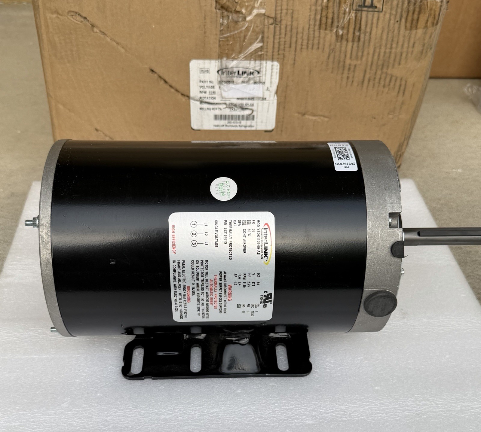 Heatcraft 25316701S Refrigeration Motor, 575V, 60HZ, 3PH, 1140RPM, 2.25HP