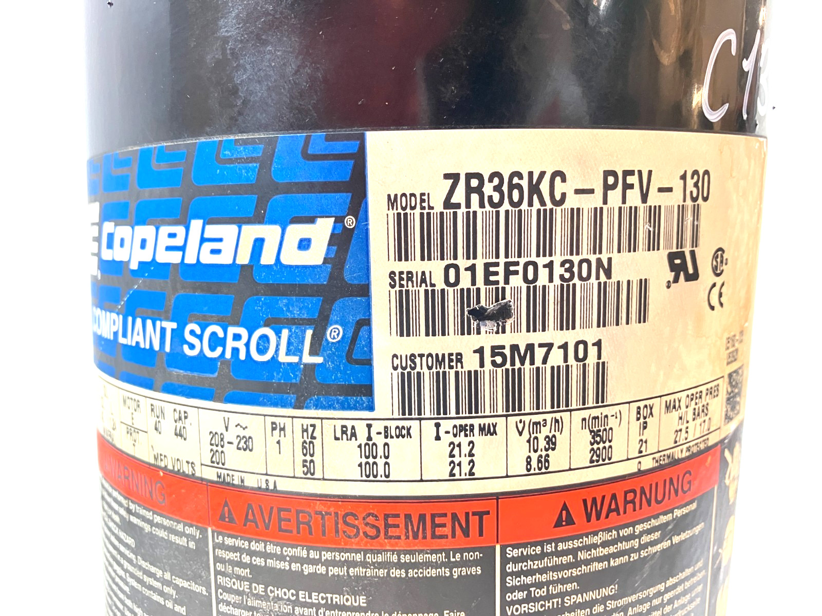 Copeland 3 Ton Scroll Compressor ZR36KC-PFV-130 1 PH 230 V R-22 used #C131
