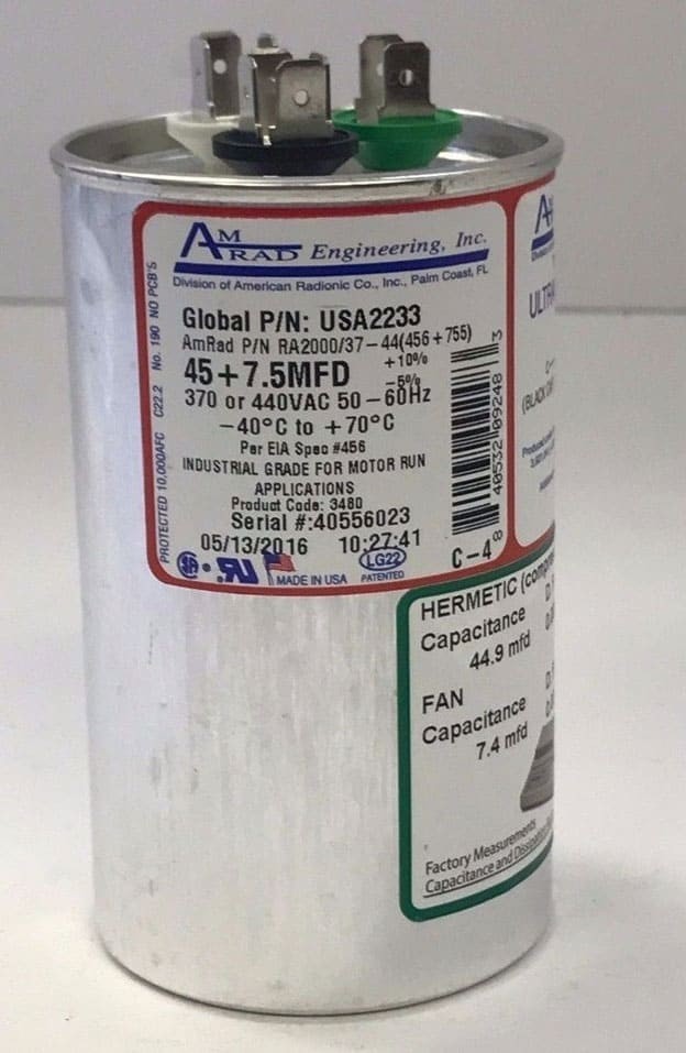 Amrad Run Capacitor 45 + 7.5 uf MFD 370/440 Volt USA2233F