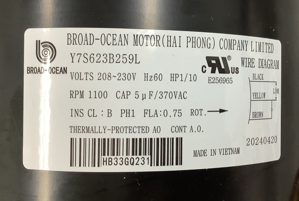 Broad-Ocean Y7S623B259L 1/10HP 1100RPM 208-230V AC Condenser Fan Motor (R109)