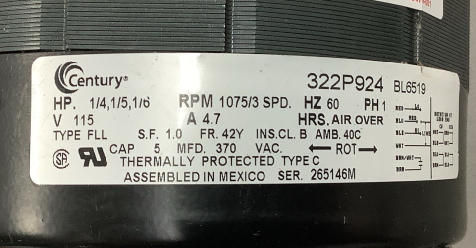 Century BL6519 1/4, 1/5, 1/6HP 1075RPM 3-Speed 115V AC Blower Motor (R106)