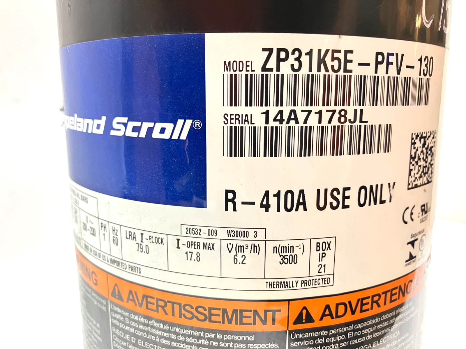 Copeland 2.5 Ton Scroll Compressor ZP31K5E-PFV-130 R410A 208/230V 1 PH used C157