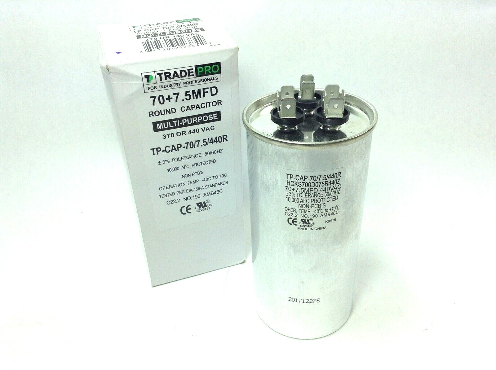 NEW TRADEPRO – TP-CAP-70/7.5/440R – 70+7.5 MFD 370/440 Volt Round Run Capacitor