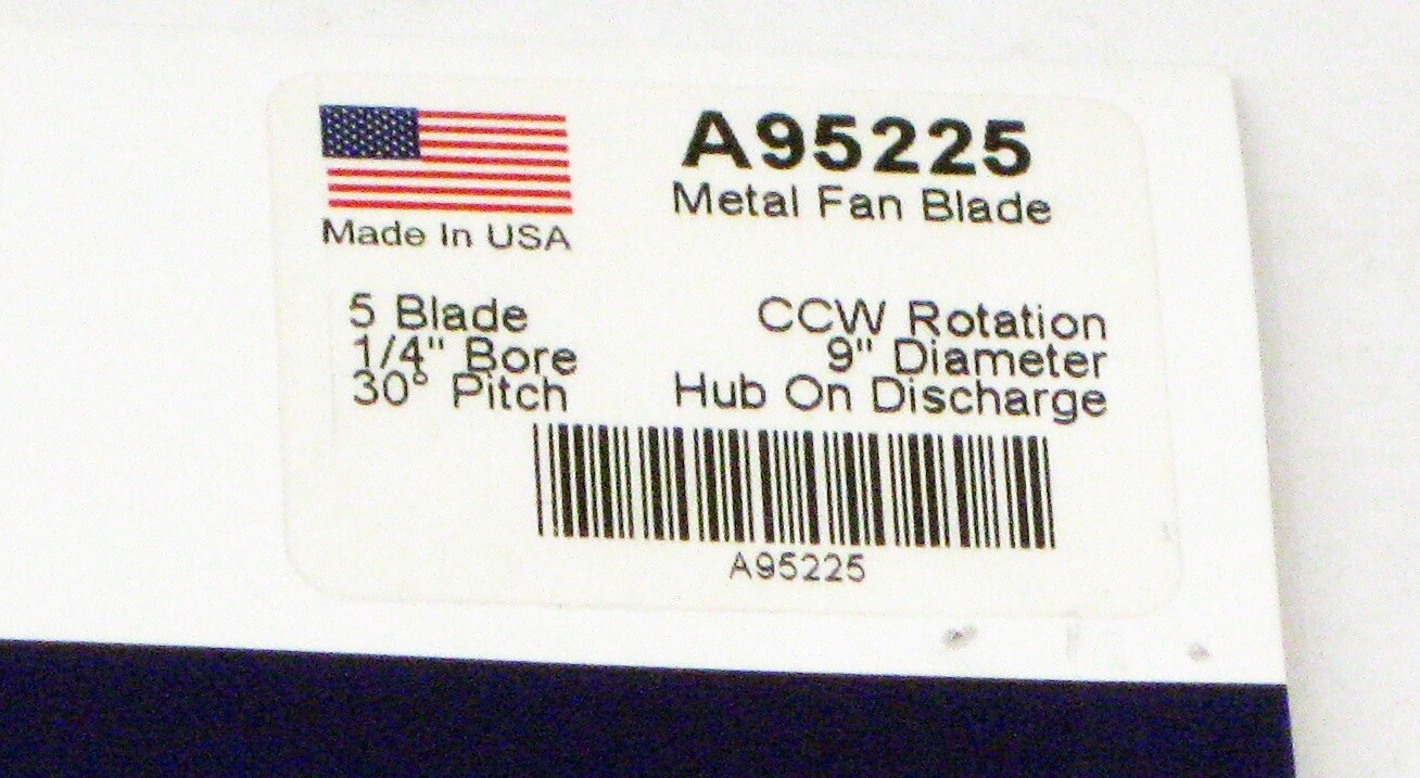 Metal Fan Blade A95225 9″ Diameter 5 Blades 1/4″ Bore Hub CCW 30 Degree Prop