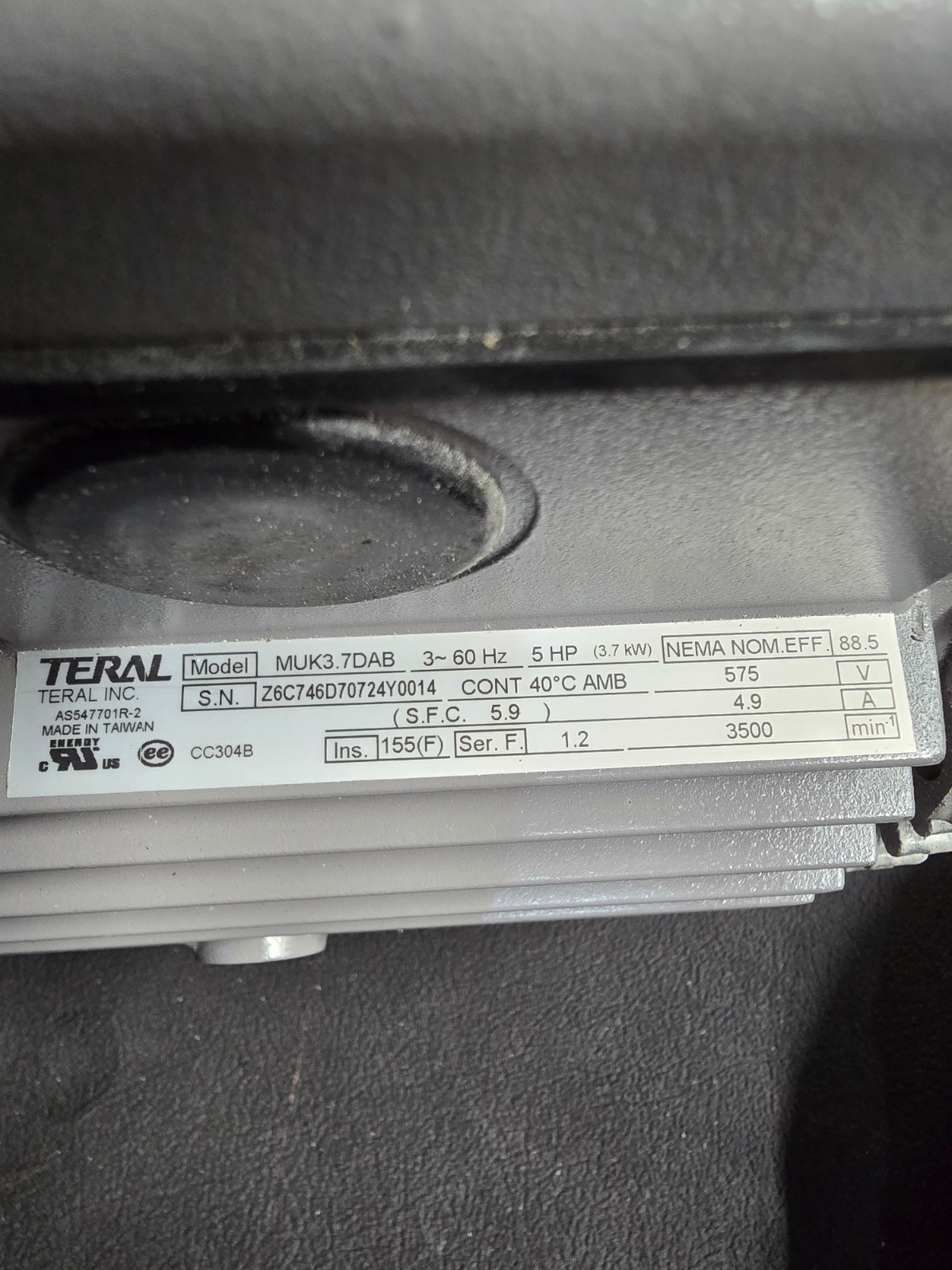 FUJI ELECTRIC VFZ601A-5W Regenerative Blower, 5 hp TERAL MUK3.7DAB Motor ONLY
