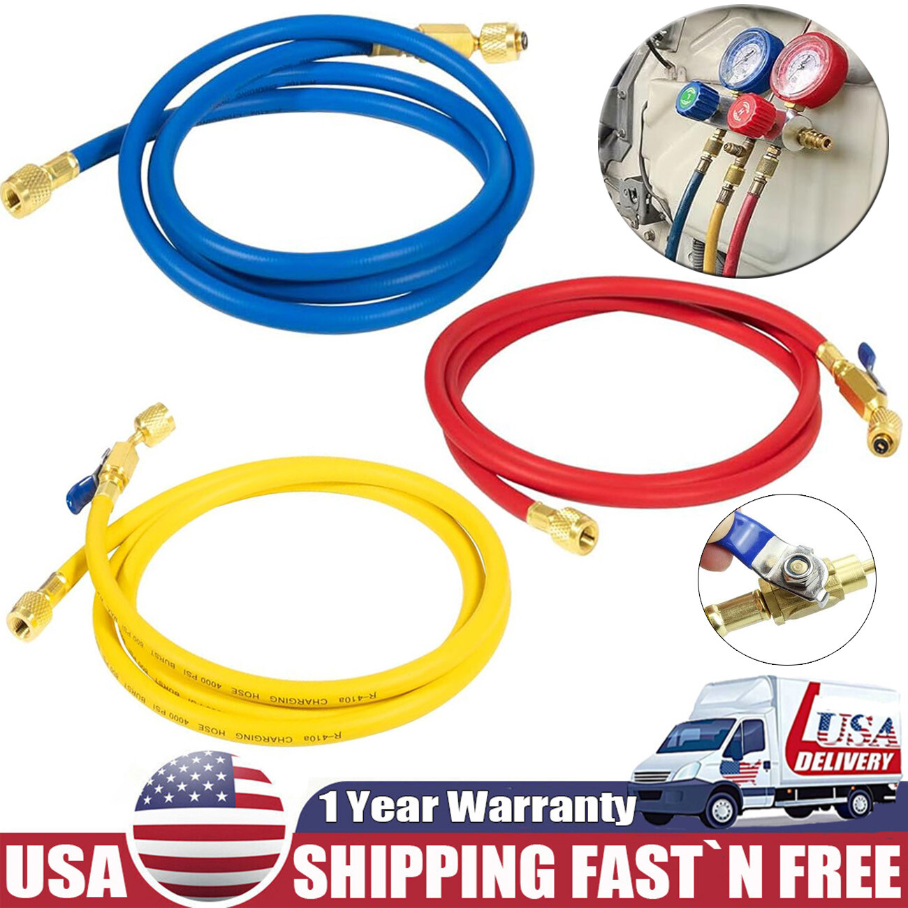3Pack 29986 Plus II 1/4″ Red Blue Yellow Charging Hose Compact Ball Valve 72″