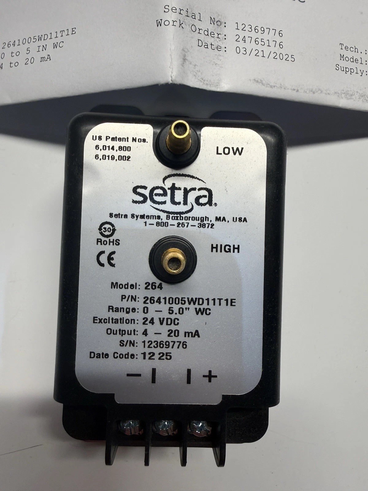 Setra 2641005WD11T1E Model 264 Diff Transducer 0-5.0″ WC NEW Cal Cert 2025