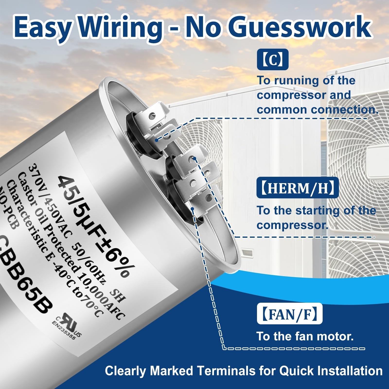 Dual Run Capacitor 45/5 MFD 370V 440VAC CBB65B for AC Motor & Fan Start 60x100mm