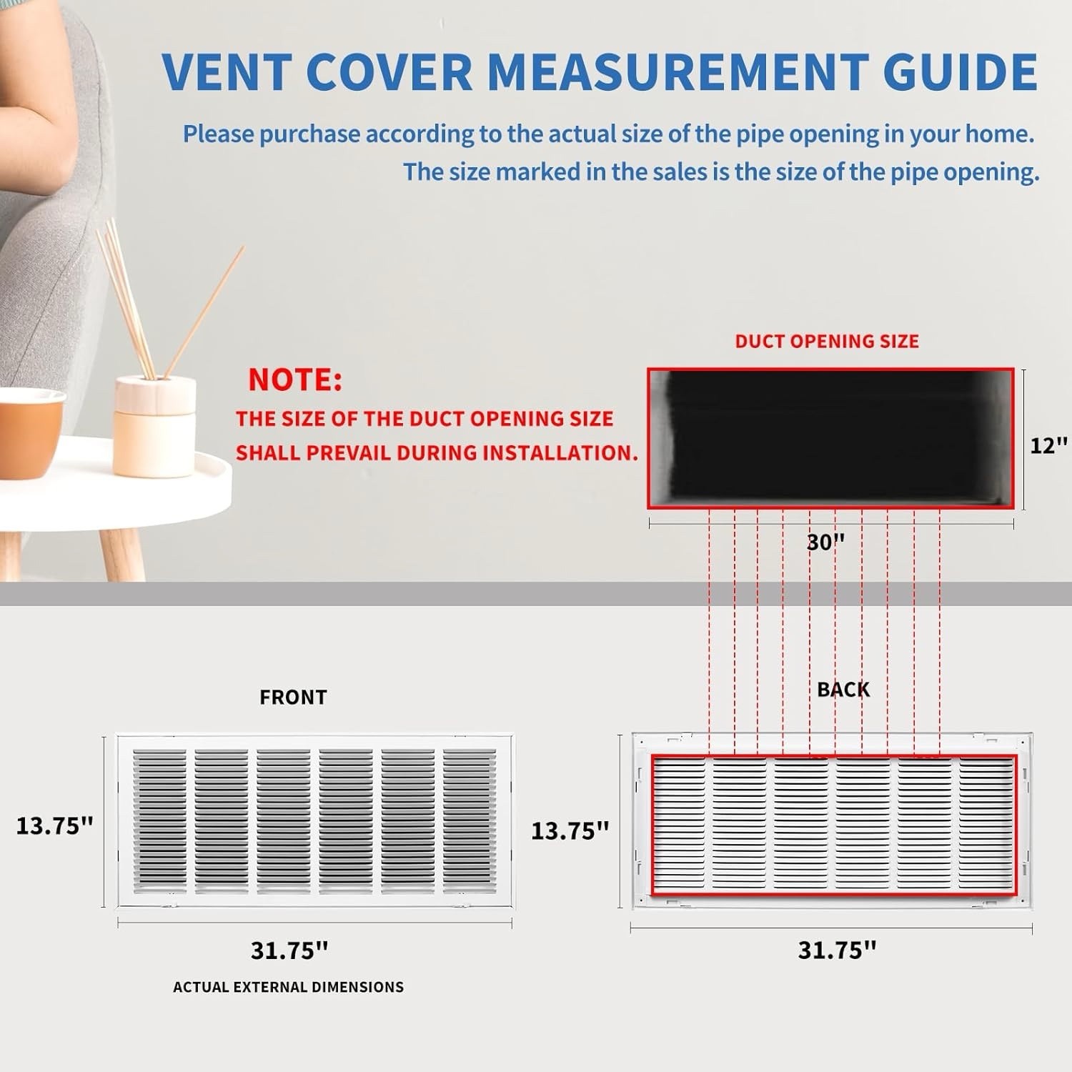 30×12 Return Air Grille Steel Vent Cover White Wall Ceiling Removable 1” Filter