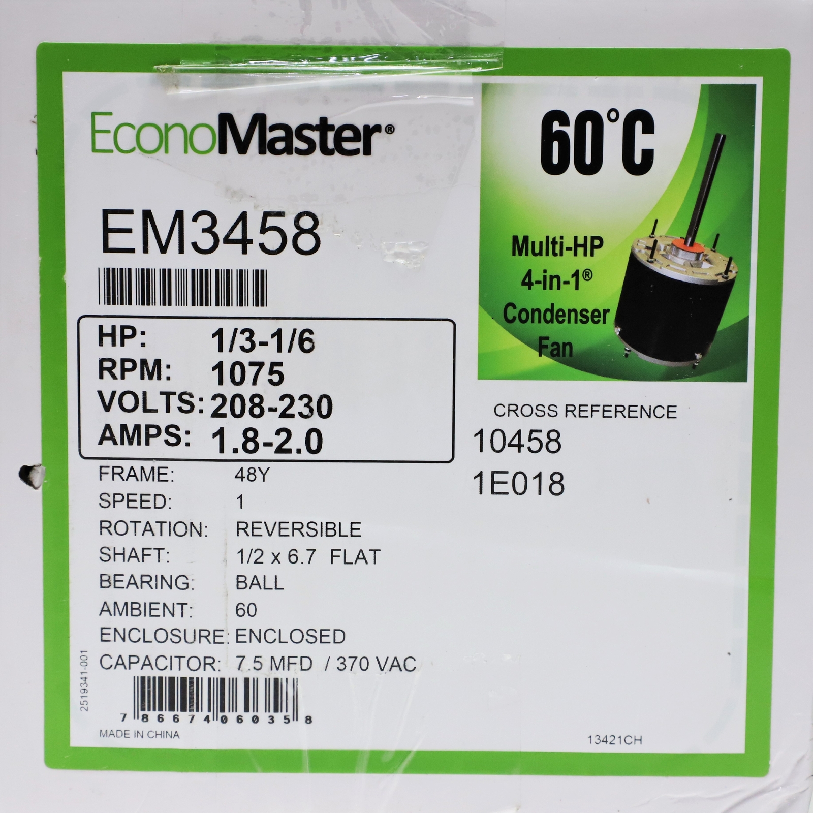 EconoMaster EM3458 4-in-1 Condenser Fan Motor 1/3-1/6 HP 1075 RPM 208-230 Volts