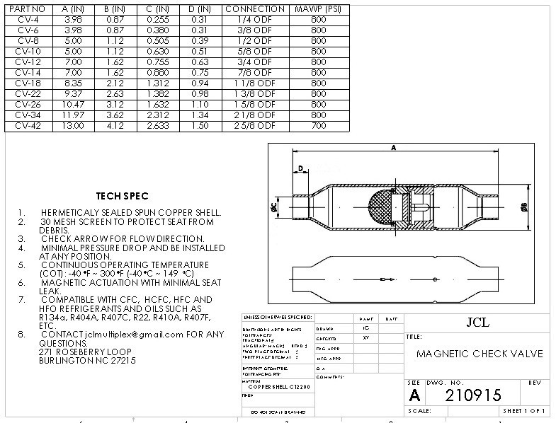 3/8″ ODF, Inline Magnetic Check Valve for Air-Conditioning, Refrigeration System