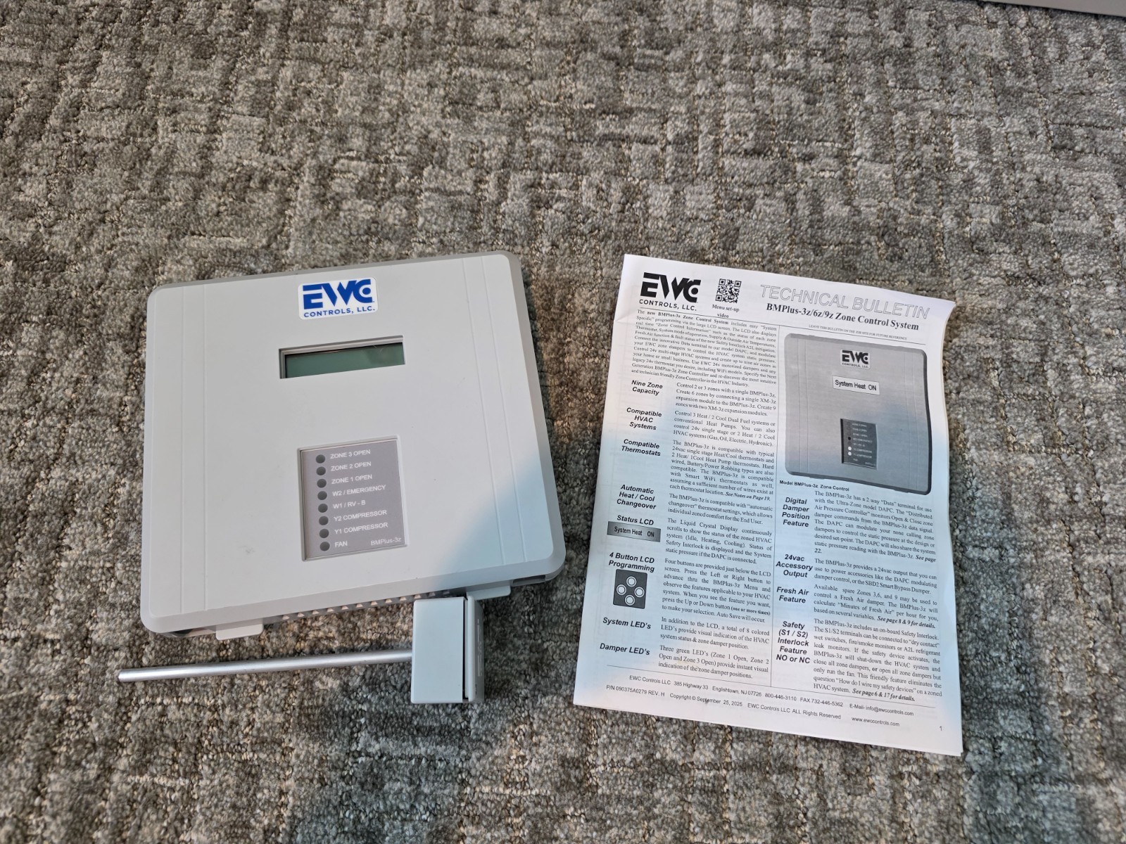 EWC 3 Zone Control Panel With Supply Air Sensor BMPLUS-3Z Nearly New HVAC Zoning