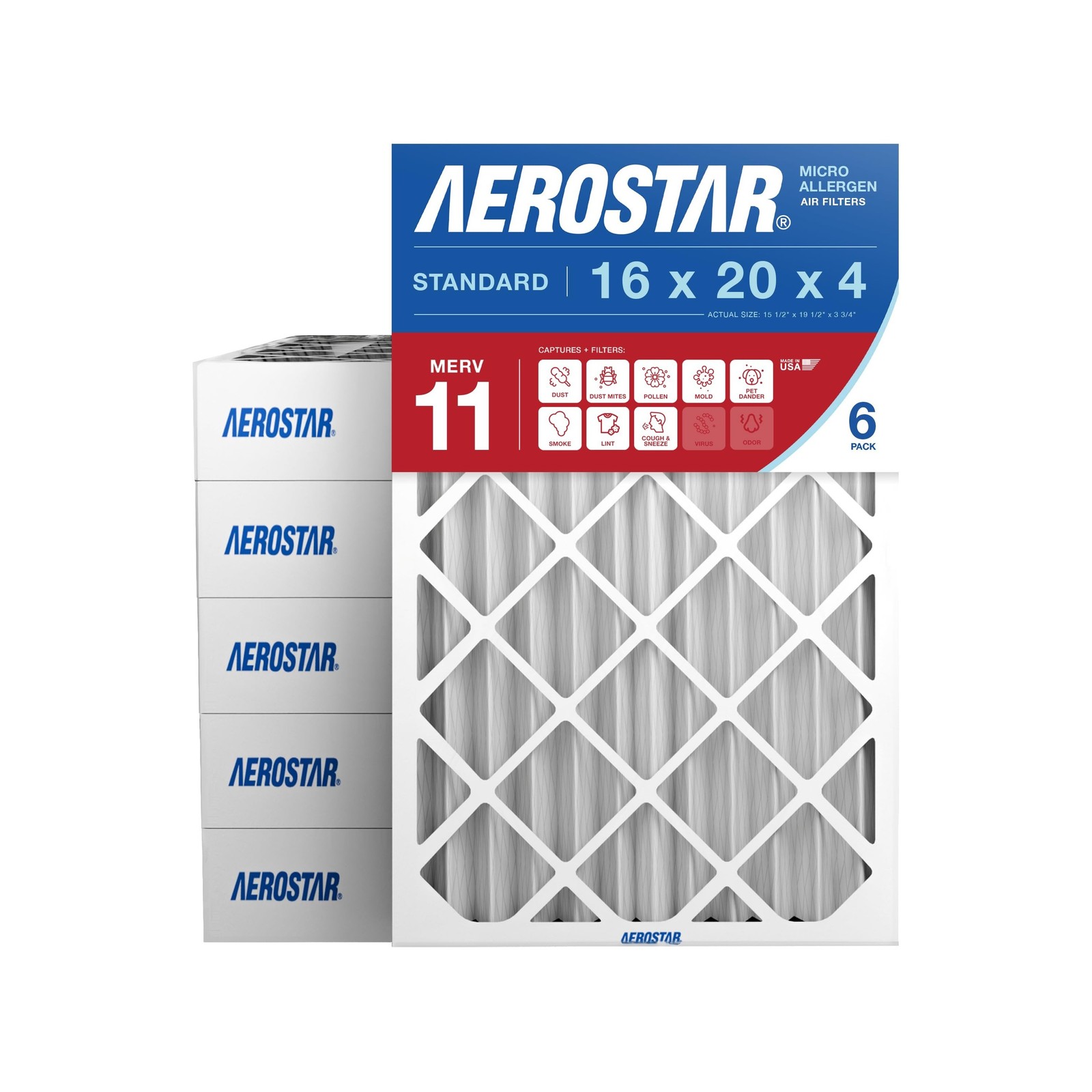 Aerostar 16x20x4 MERV 11 Air Filter, 6 Count, ACTUAL SIZE (15.50 x 19.50 x 3….