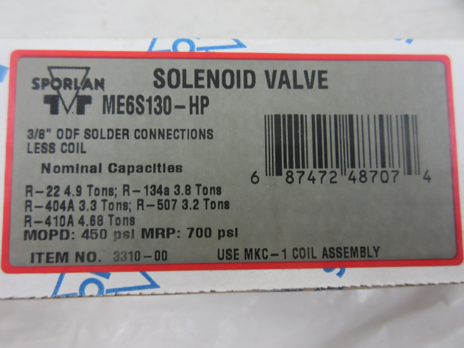 3/8″ SOLDER SPORLAN ME6S130-HP REFRIGERANT LIQUID LINE SOLENOID VALVE W/O COIL