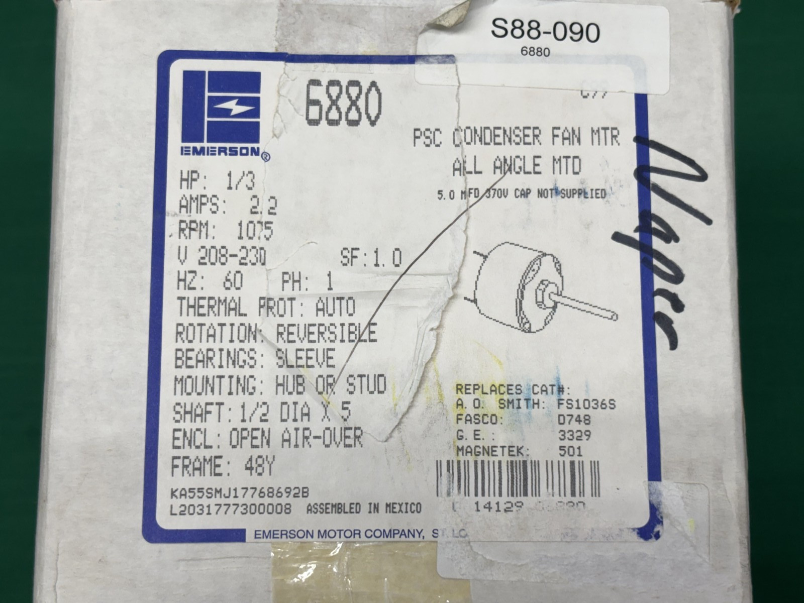 NEW Emerson 6880 PSC Condenser Fan Motor, KA55HXSMJ-1776, 1/3 Hp, 1075 Rpm, (26)