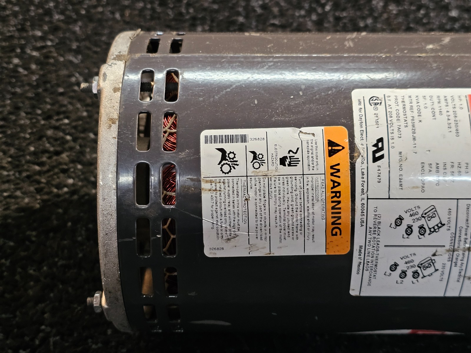 Dayton 24PR72 Condenser Fan Motor, 1 HP, 1140 rpm, 60 Hz 1 Speed, T-Stat 3 Phase