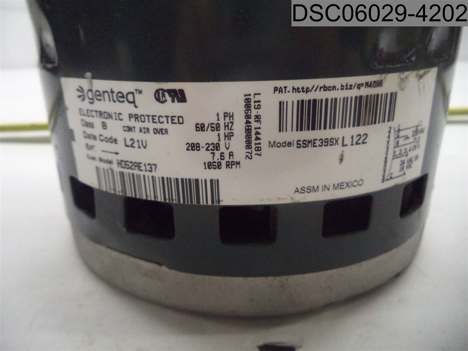 Genteq Blower Motor, Model: 5SME39SXL122, Cust. Model: HD52AE137