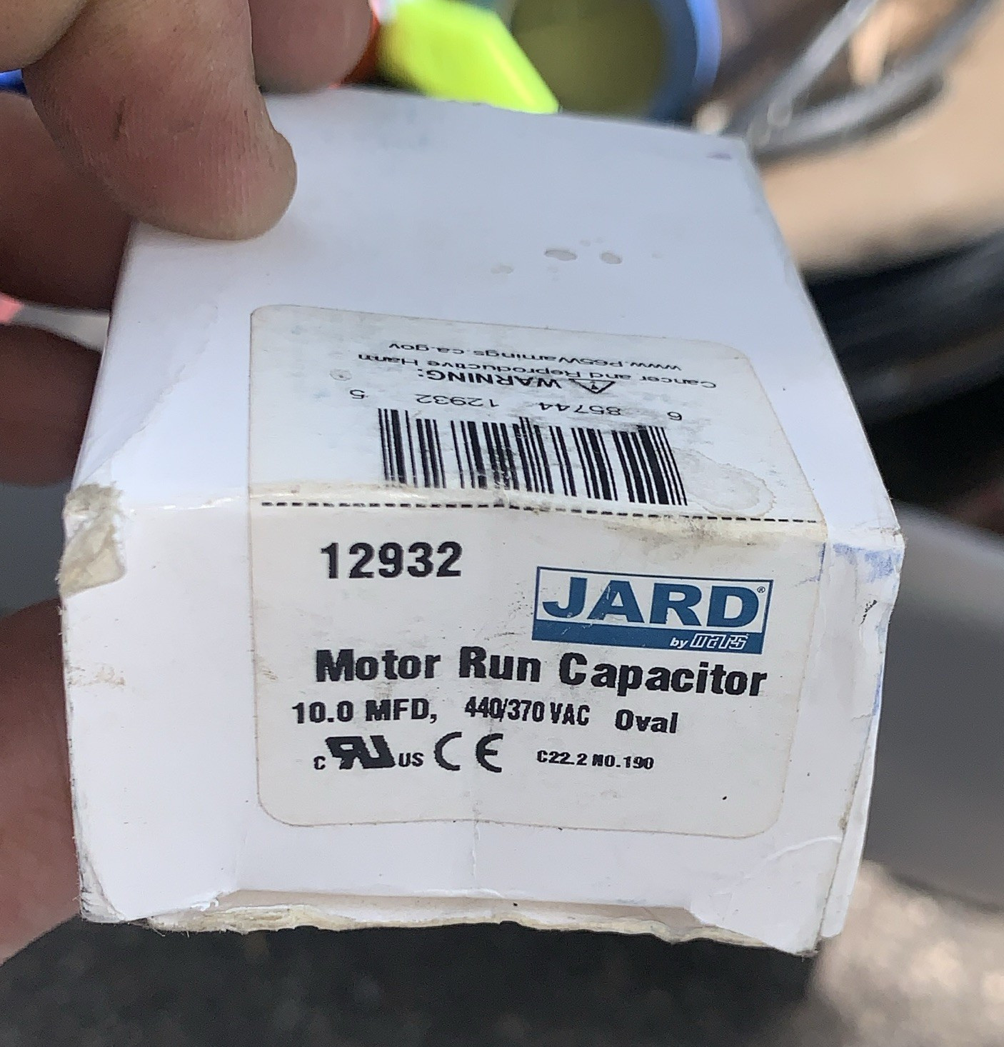 JARD 12932 Motor Run Capacitor 10.0 MFD 440/370 VAC Oval Universal