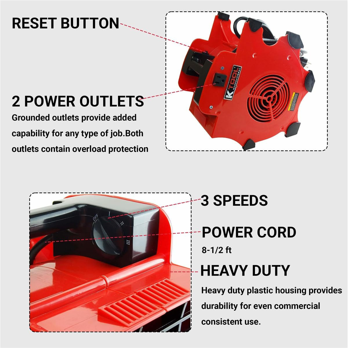 300 CFM Floor Blower Fan – 3 Speed, Indoor/Outdoor, Red Utility Fan