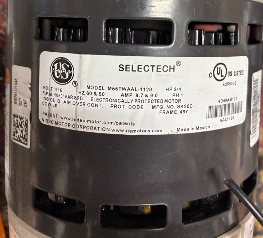 3/4 HP US Motors SelecTech M55PWUUA-1120 / Blower Motor / 3/4 HP w/ mounts