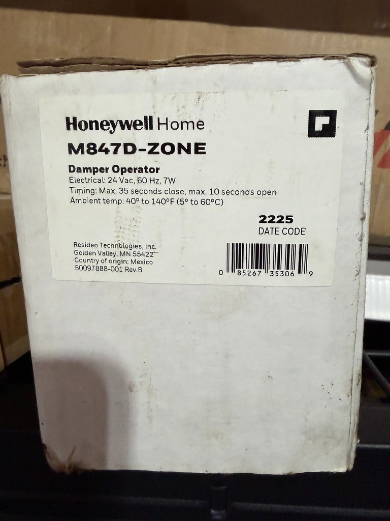 Honeywell Home M847D Zone Damper Operator, 24V AC, 60Hz, 7W