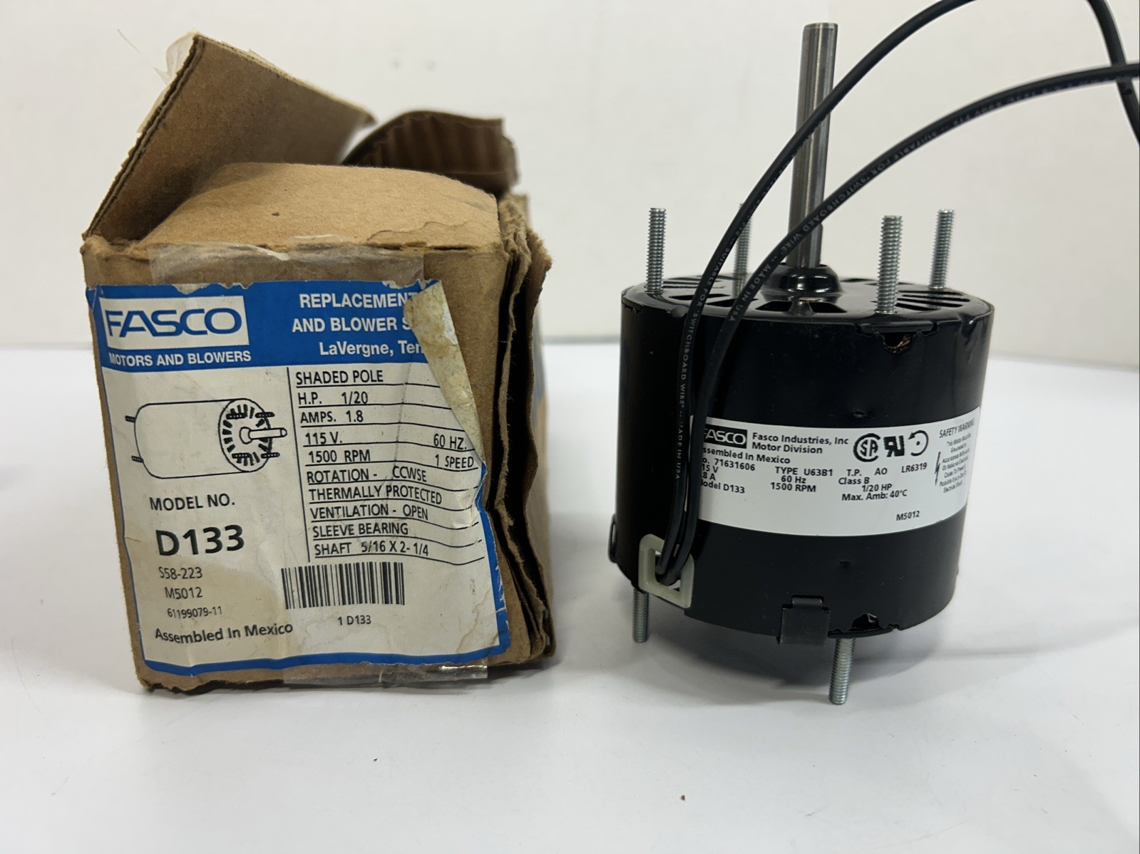 Fasco 7163-1606 Electric Motor 115V 1.80A 1500 RPM 1/20hp D133 New Open Box