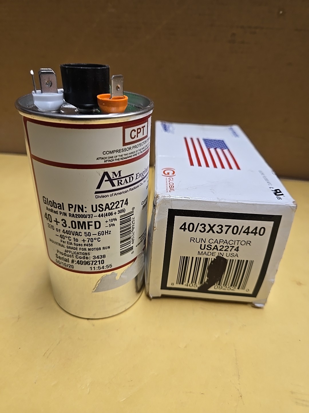 AmRad USA2274 Round Run Capacitor 40+3 uF MFD 370 / 440 Volt Made in USA