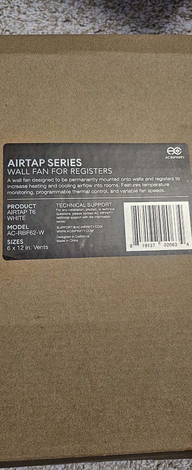 AC Infinity Airtap T6 Booster Fan / White / 6 X 12 / NEW (AC-RBF62-W) New