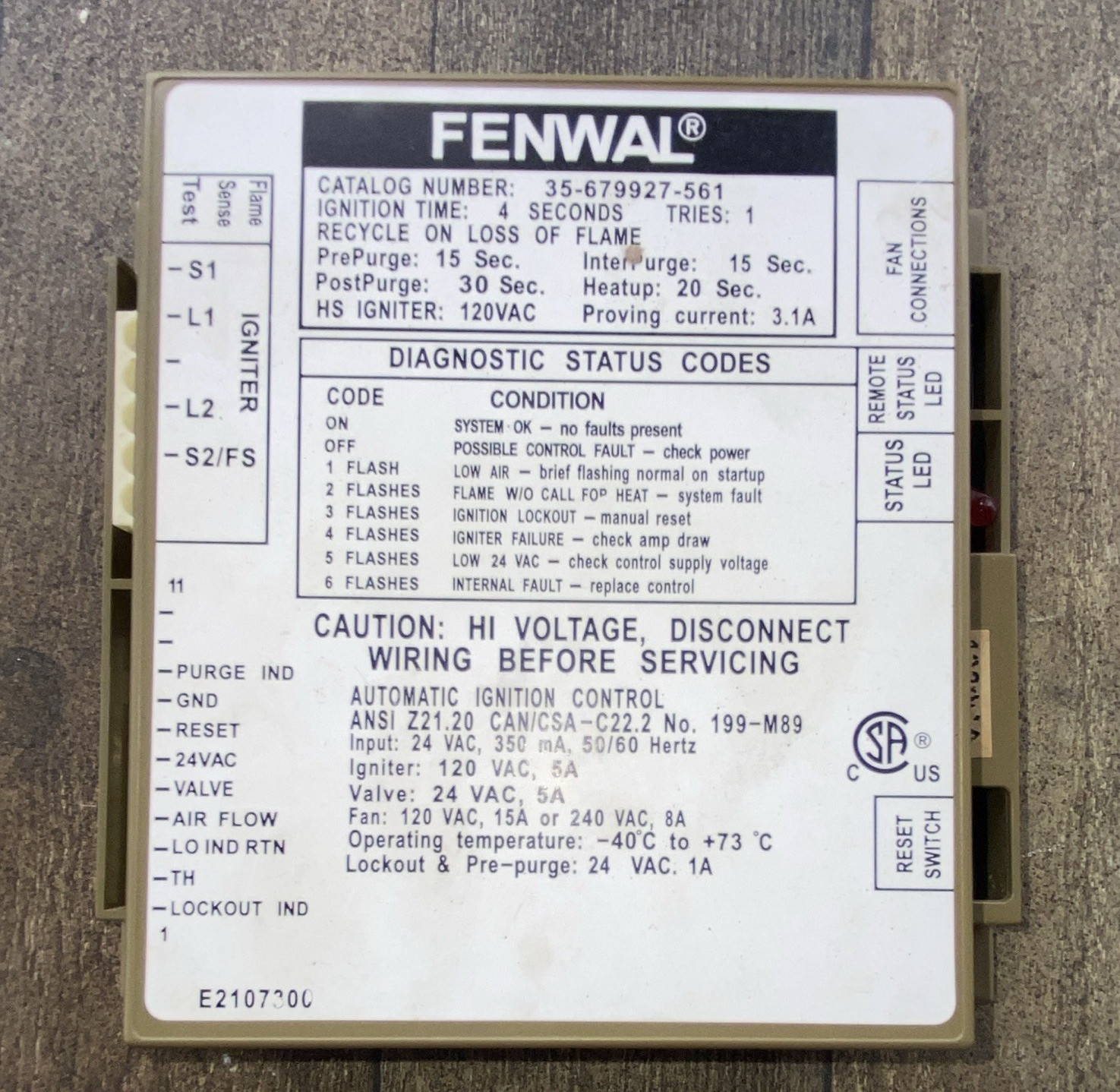 Fenwal Automatic Ignition Control Module 24 VAC 3.1A MPN 35-679927-561