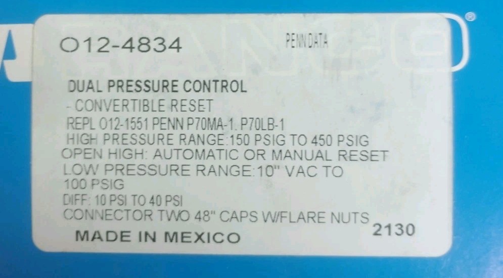 Ranco O124834 Dual Pressure Control -MAKE AN OFFER-