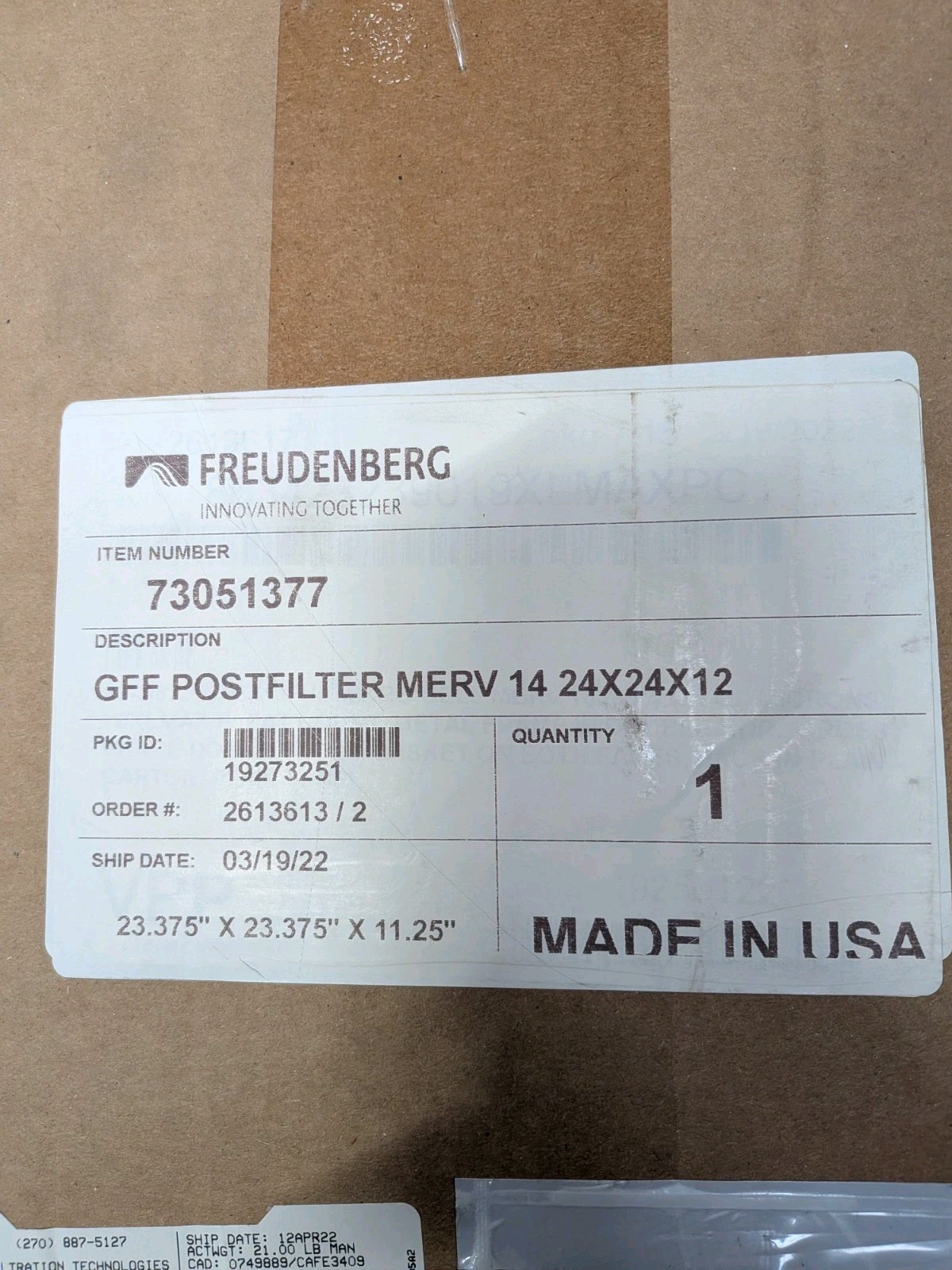 Freudenberg 73051377 GFF Postfilter MERV 14 0.3-1 MICRON – 24x24x12 Filter
