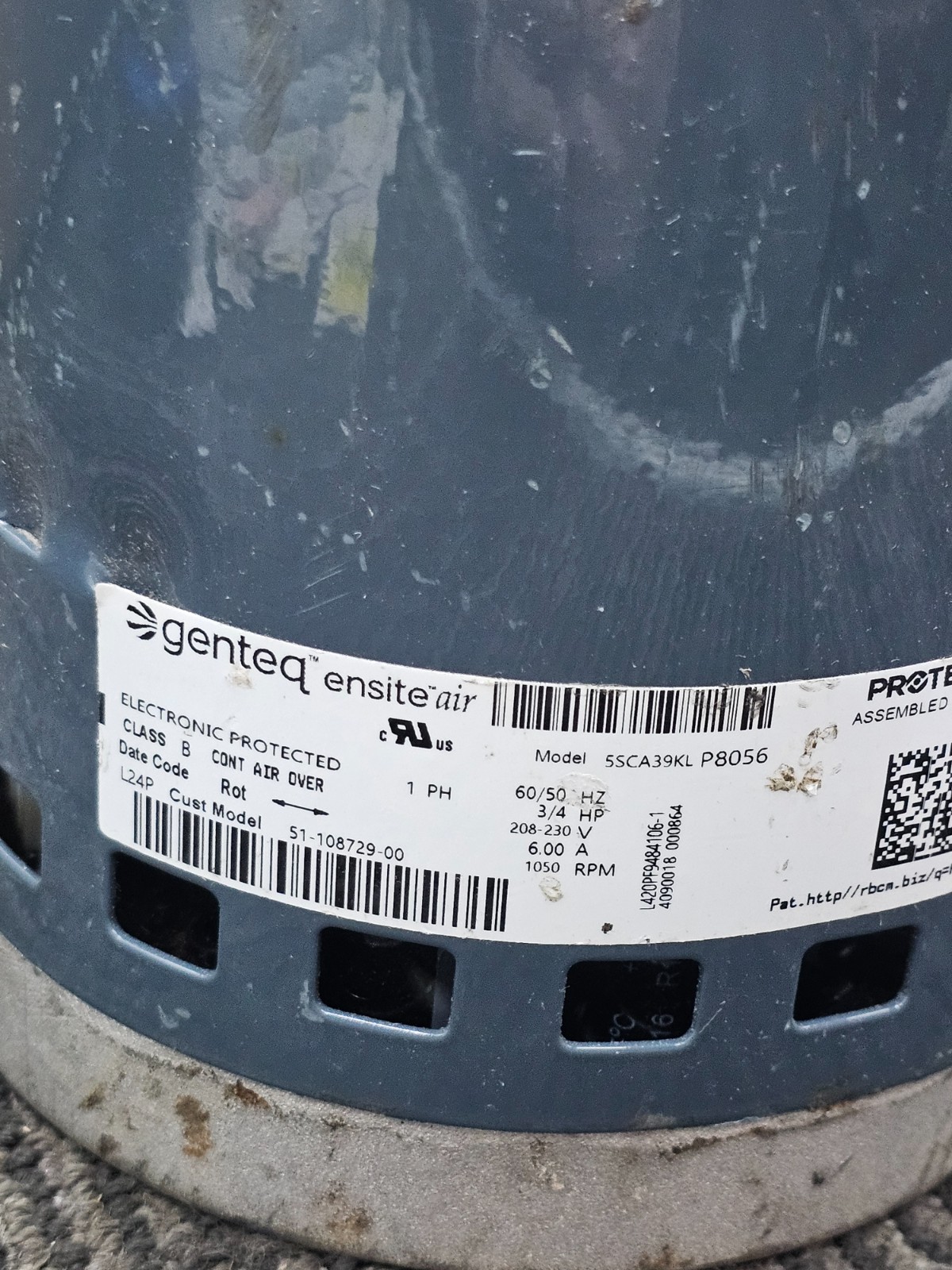 Genteq 51-108729-00 Class B Blower Motor 1 PH 60/50Hz 3/4 HP 208-230V 6.00A