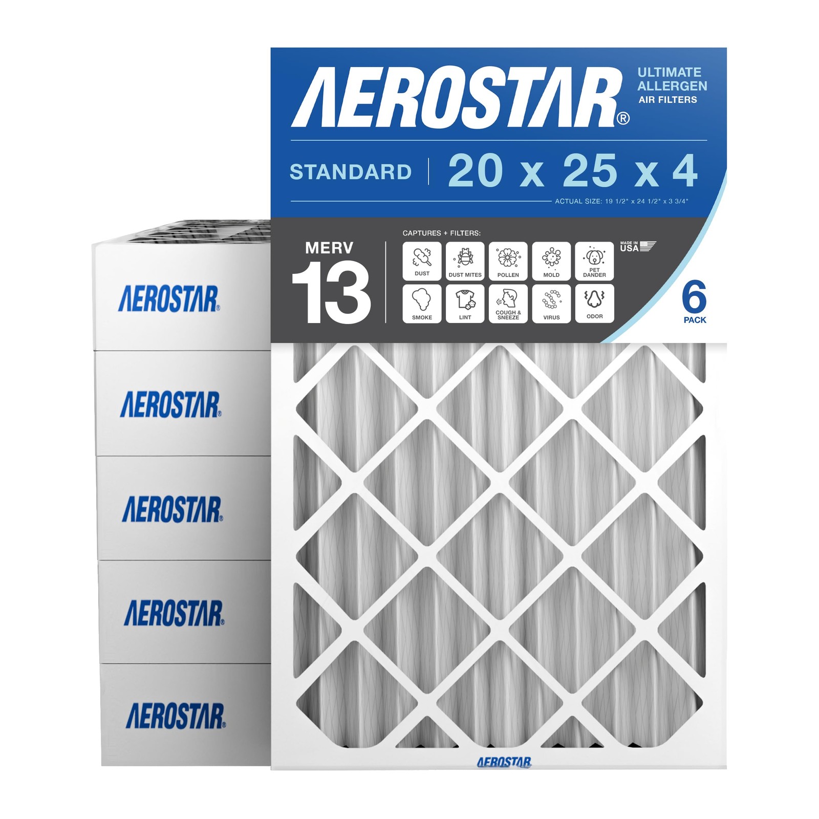 Aerostar 20x25x4 MERV 13 Air Filter, 6 Count, ACTUAL SIZE 6 PACK, 13