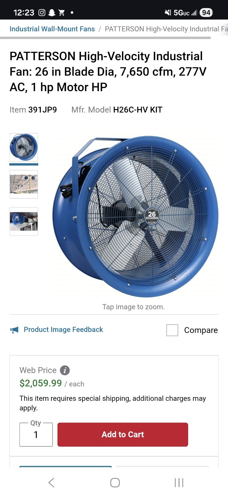Patterson 26″ Industrial Fan, 7650 CFM, 3 Phase, 208-230/460V