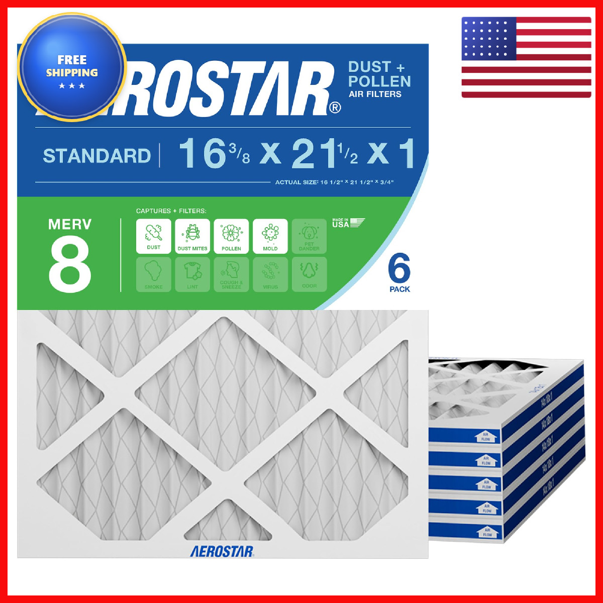 Aerostar 16.375X21.5X1 Merv 8 Air Filter 6 Count Actual Size 16.50 X 21.50 X