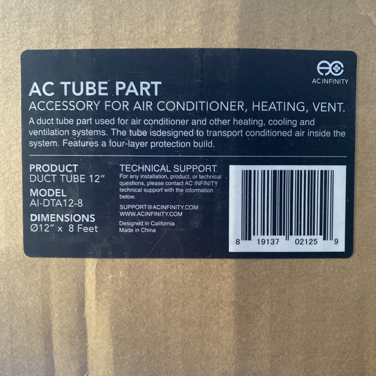 New AC Infinity Flexible 12’ Aluminum AC Duct Tube AI-DTA12-8 Black 12×8 Feet