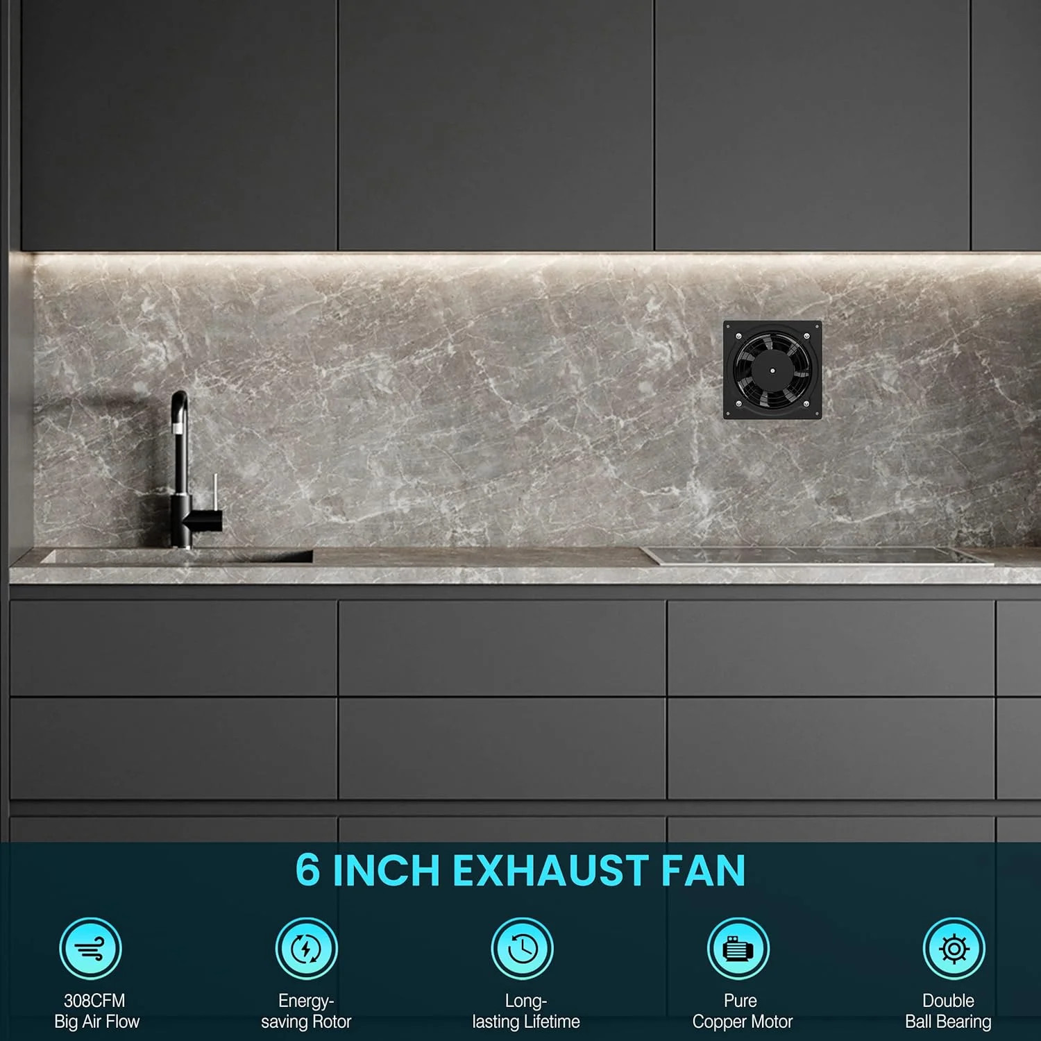 HG Power 6 Inch Exhaust Fan, 308CFM Wall Exhaust Fan for Kitchen, Metal Extracto