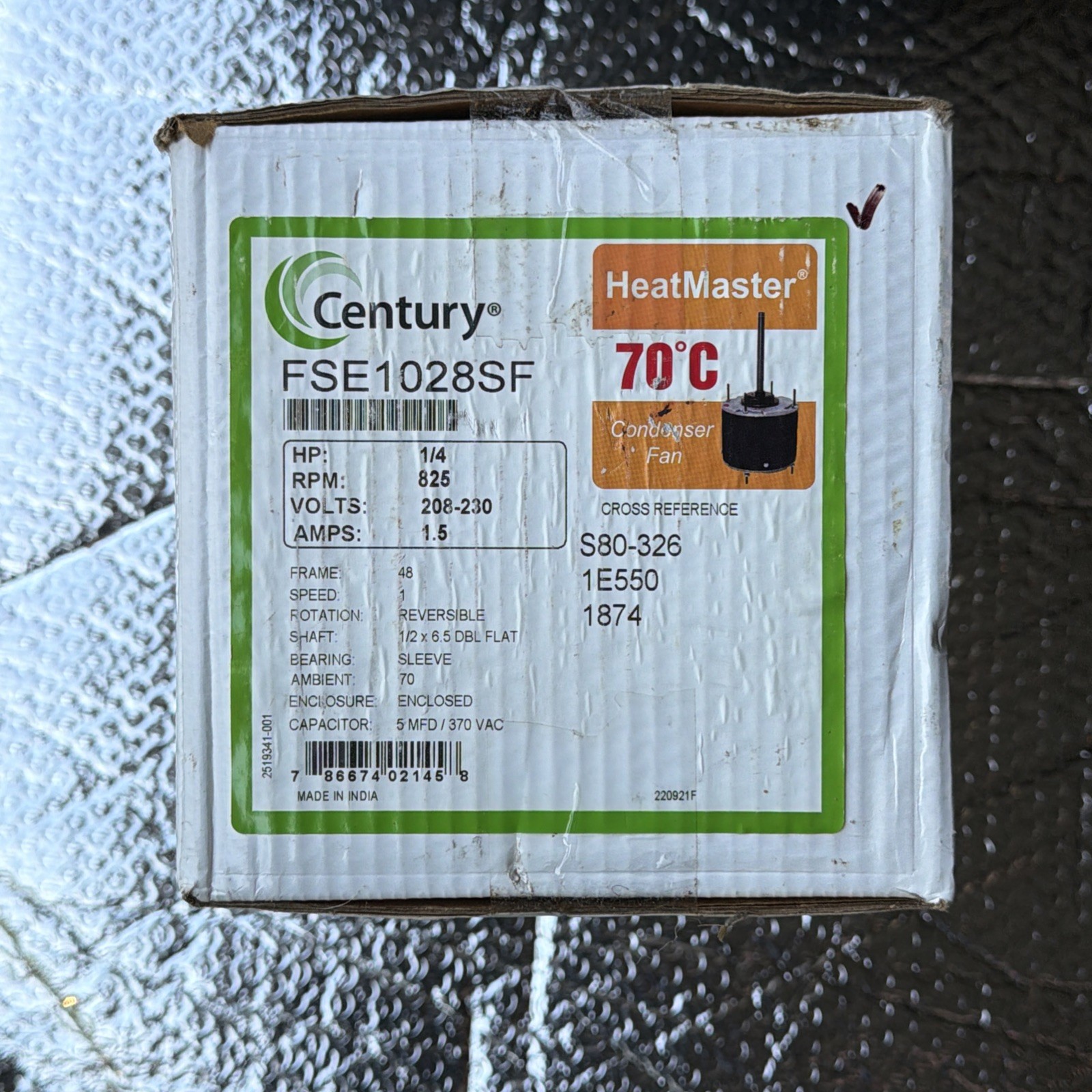 Century HeatMaster FE1028SF 1/4 HP Condenser Fan Motor 208-230V 825 RPM