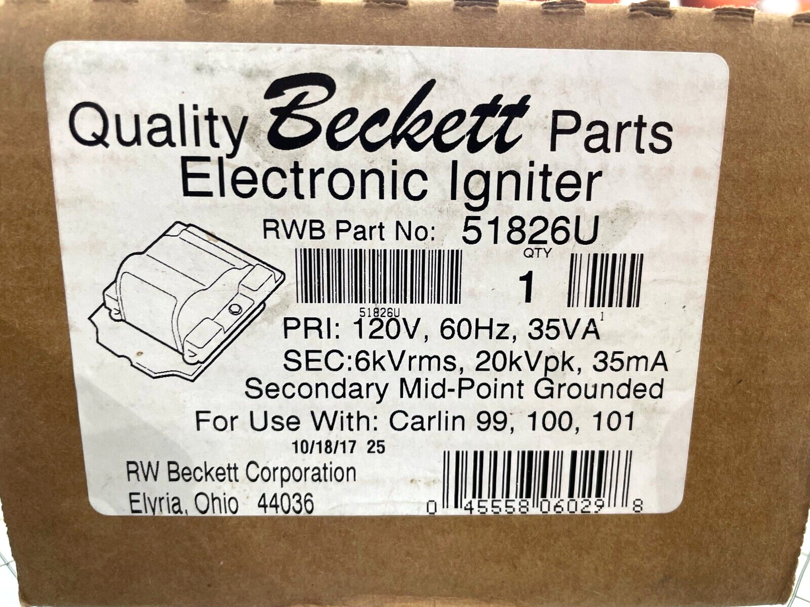 Beckett Electronic Oil Igniter with Carlin Base, 120V, 51826U