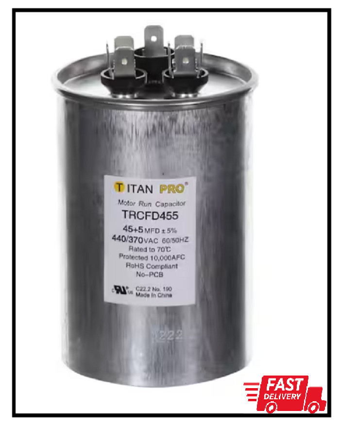 TitanPro TRCFD455 HVAC Round Dual Motor Run Capacitor. 45/5 MFD/UF440/370 Volts