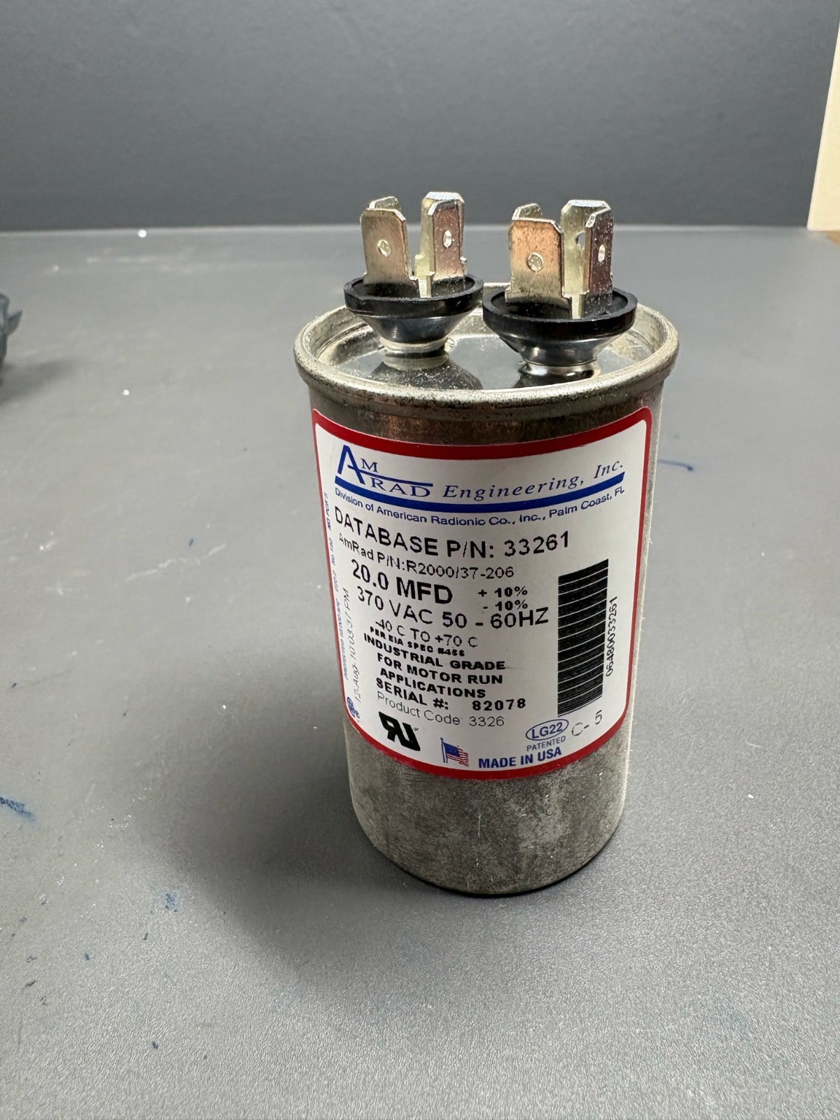 AmRad 20uF 370VAC Motor Run Capacitor 33261 R2000/37-206 USA HVAC
