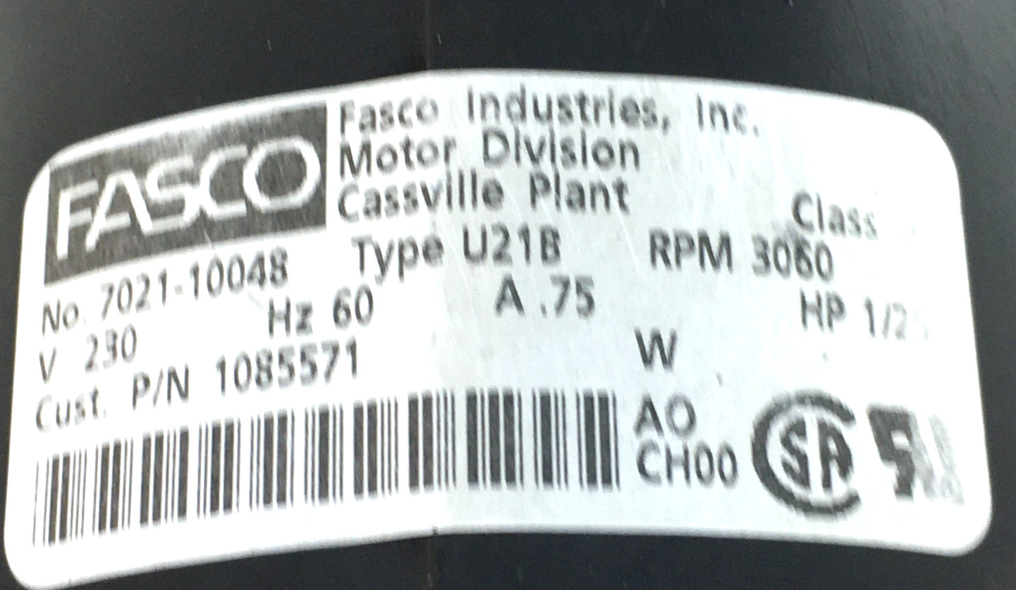 FASCO 7021-10048 Draft Inducer Blower Motor 1085571 230V 3060 RPM used #MR360